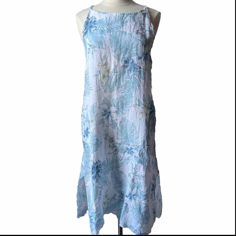 Lungo Larno Dress Linen Midi Sundress Floral Blue White Boho Lagenlook